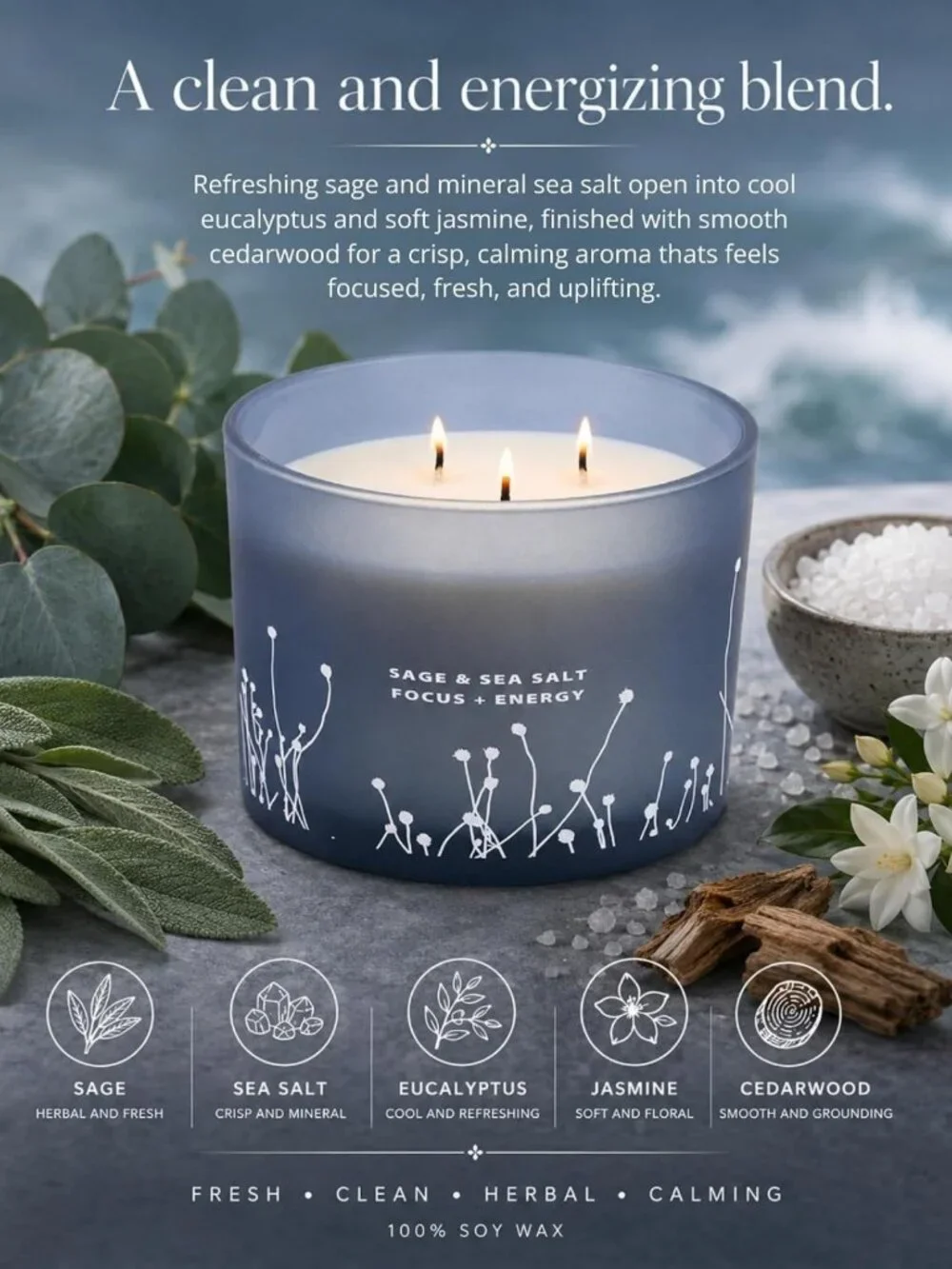 Large White Sage & Sea Salt 3-Wick Soy Candle - Aromatherapy for Cleansing